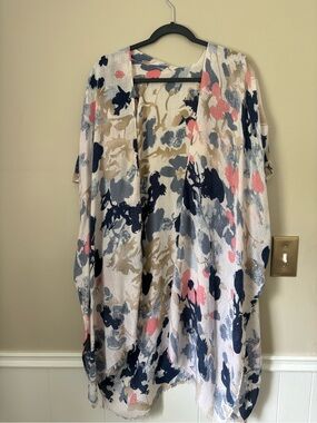 Lightweight Floral Print Open-Front Kimono - Pink Navy
